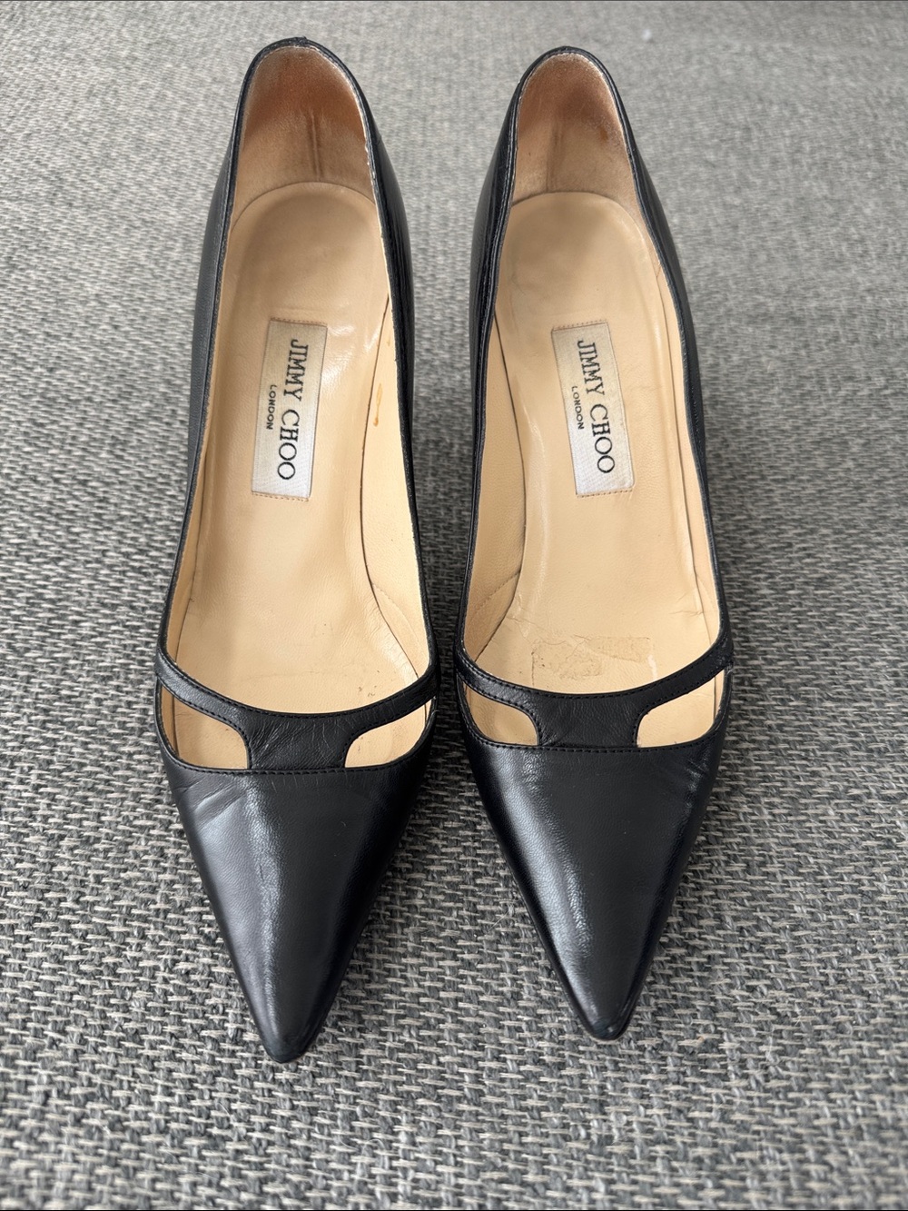 Jimmy Choo Black Leather Pointed-Toe Cutout Pumps | Size 8